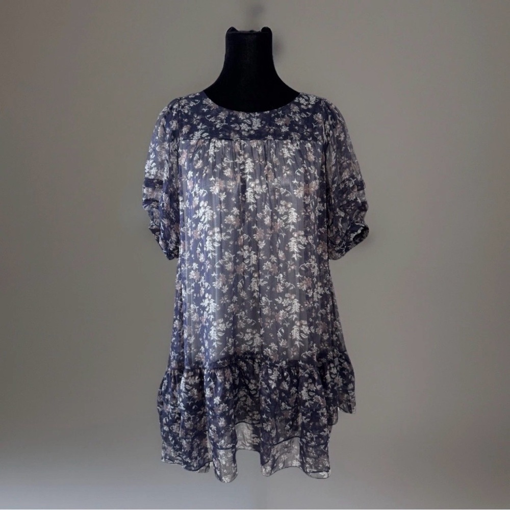 Sheer Babydoll Dress Sz L Blue Dark Floral  Chiffon Puff Sleeves Boho Party Cute